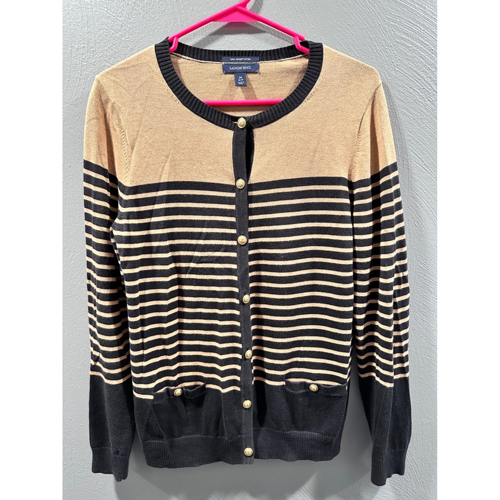 Lands End Womens Supima Cotton Striped Cardigan Tan Navy Gold Buttons M 10-12